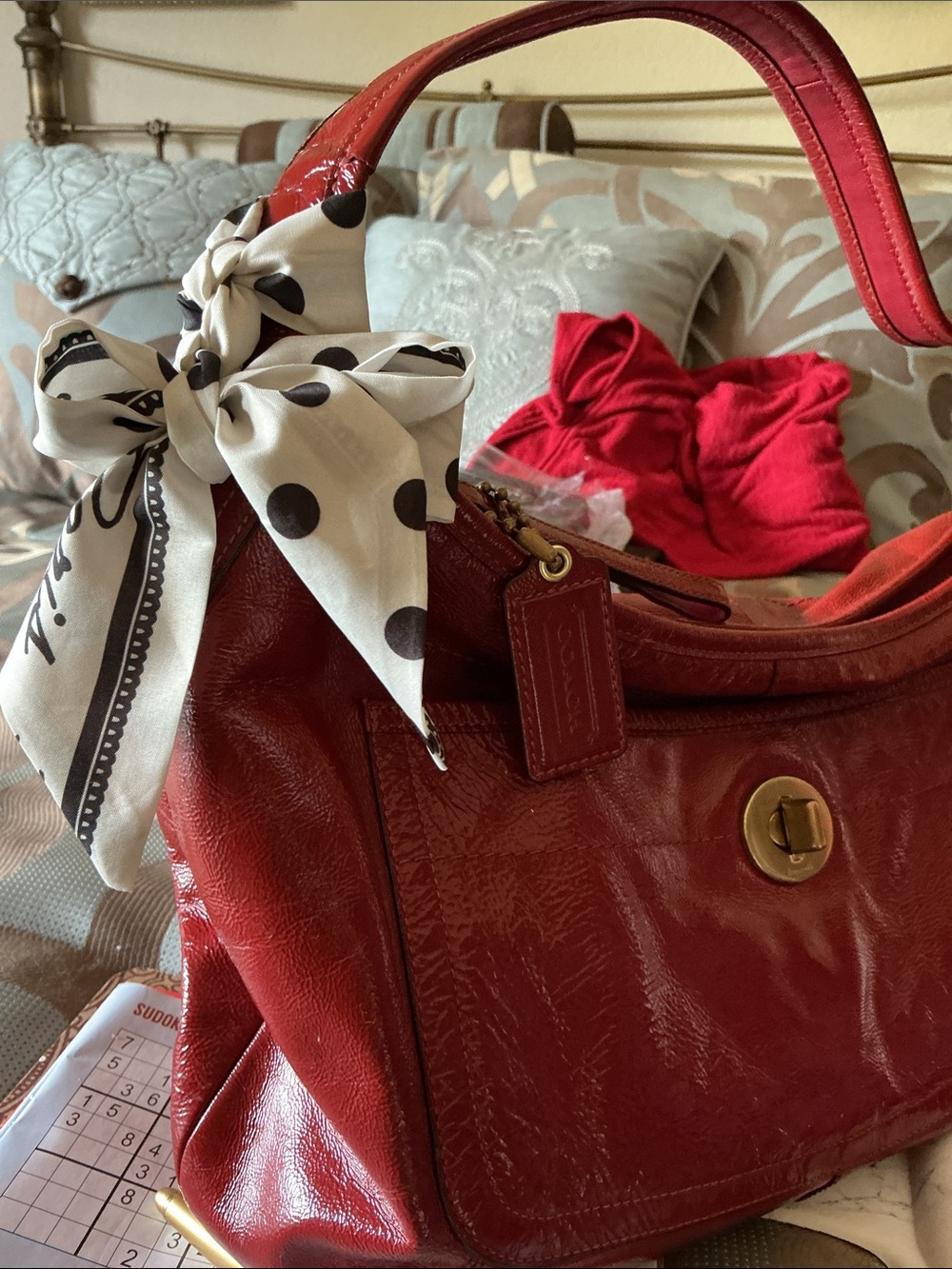 Coach Red Leather Shoulder Bag with Turn-Lock Pocket - Picture 15 of 15